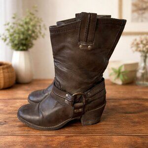 Brown Harness Ankle Boots Chunky Heel Side Zip Women’s 8